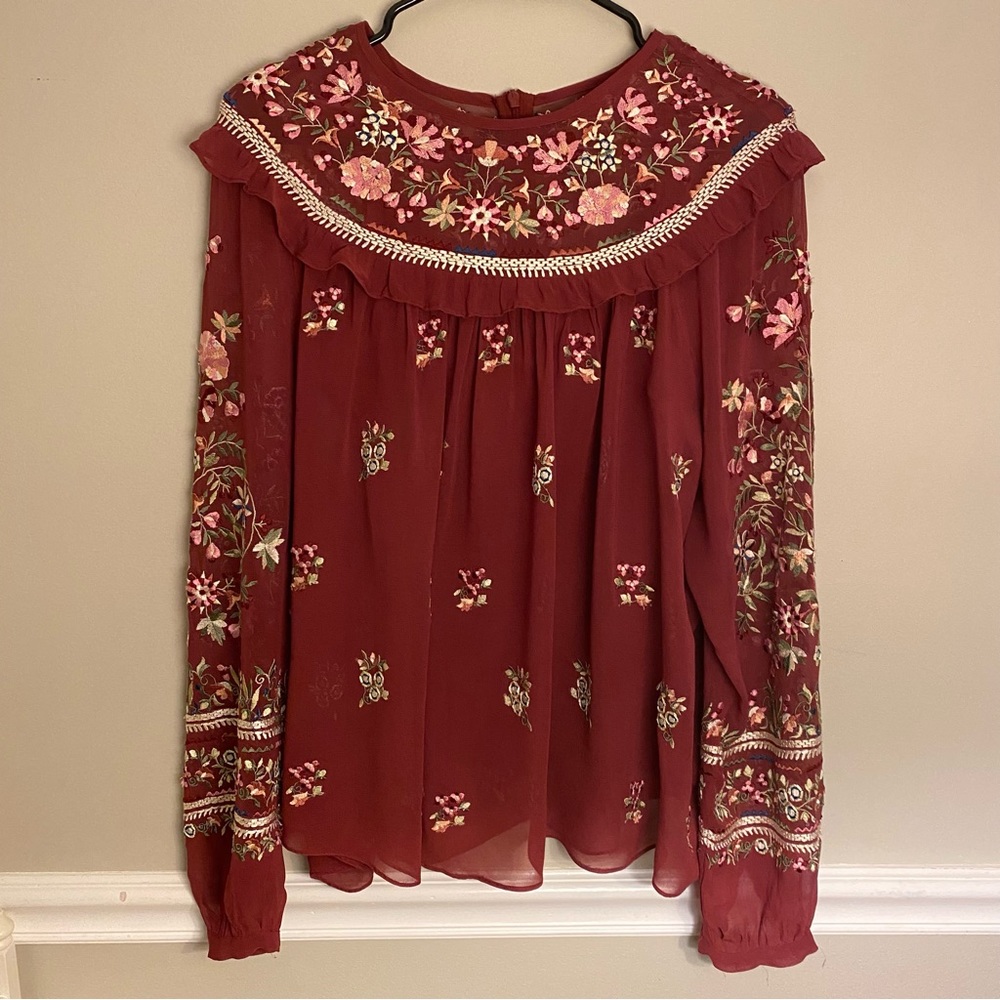 NEEDLE & THREAD Embroidered Long Sleeve Sheer Blouse Top Ruffle Floral Burgundy